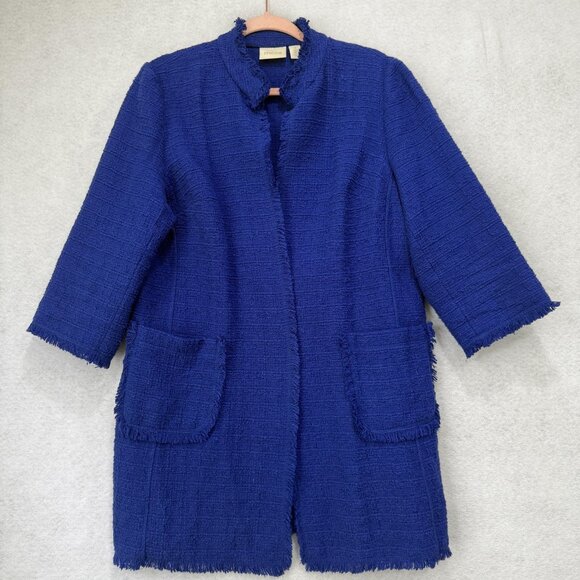 Chicos Jacket Womens 2 Blue Textured Fringe Open Front Pockets Casual Boho Coat - Picture 1 of 8